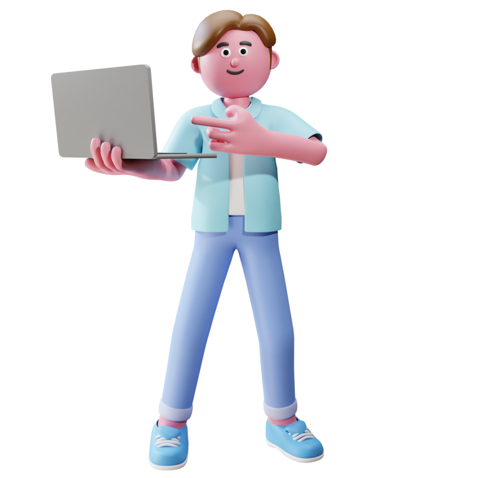 3d render personaje con laptop png