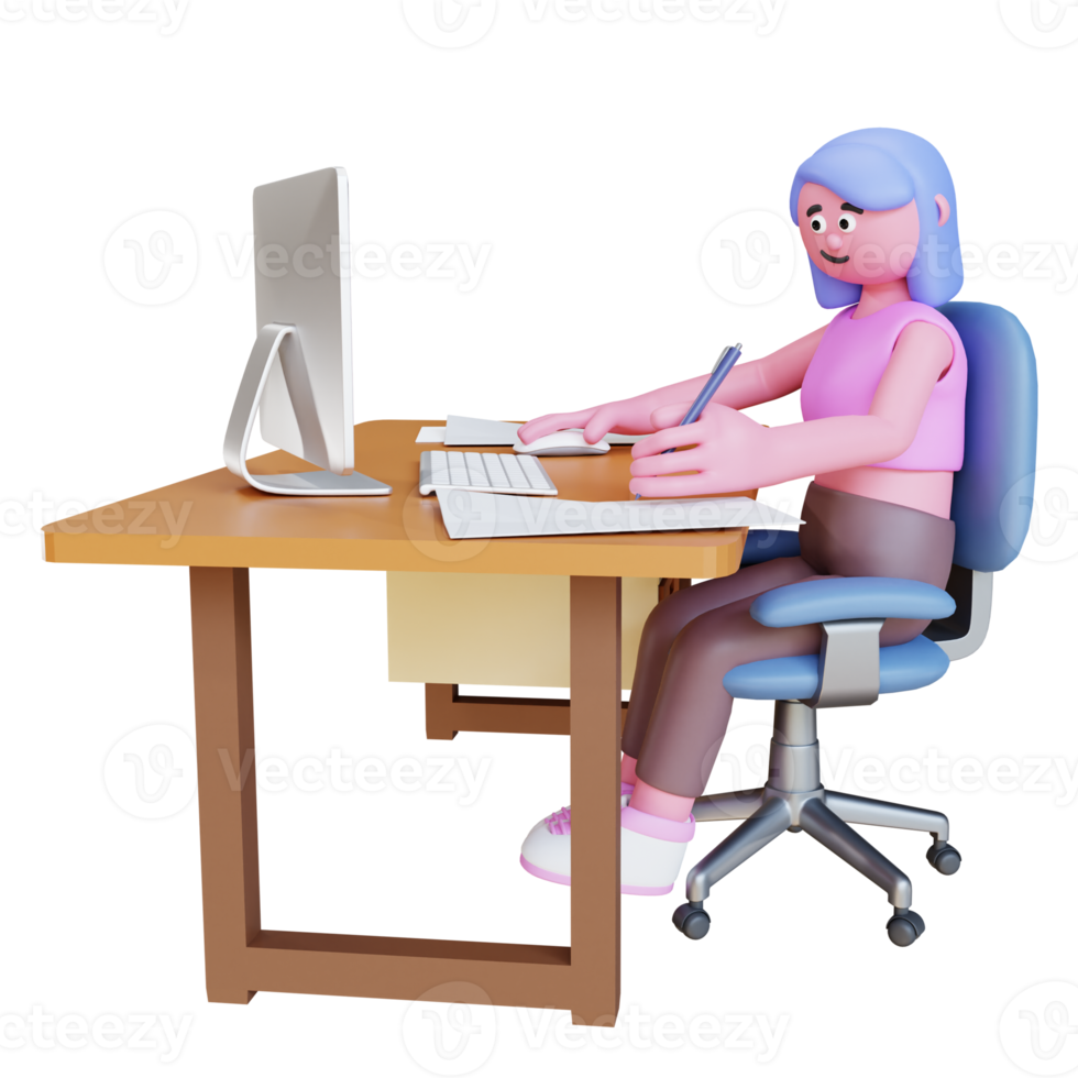 3d render character working on desktop work from home png