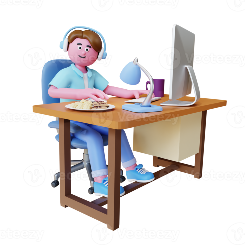 3d render character working on desktop work from home png