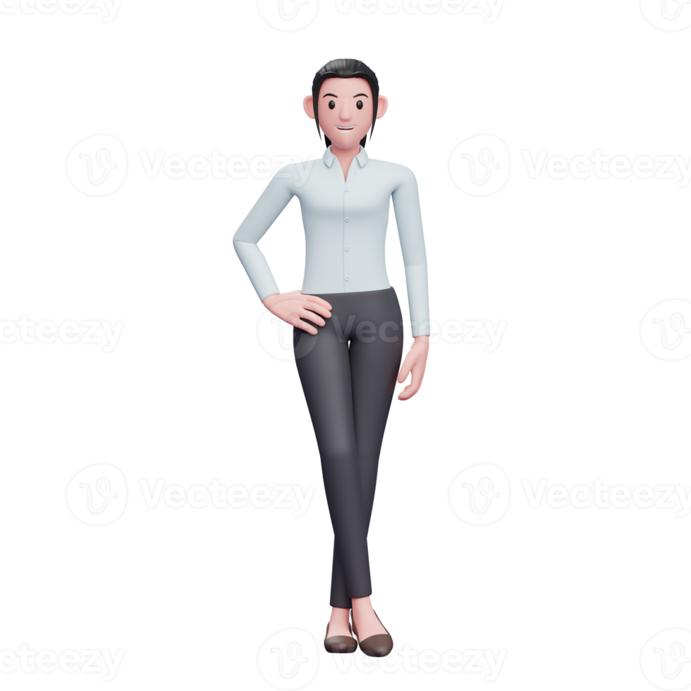 Geschäftsfrau, die mit der Hand auf der Taille und gekreuzten Beinen steht, 3D-Rendering Geschäftsfrau-Charakterillustration png
