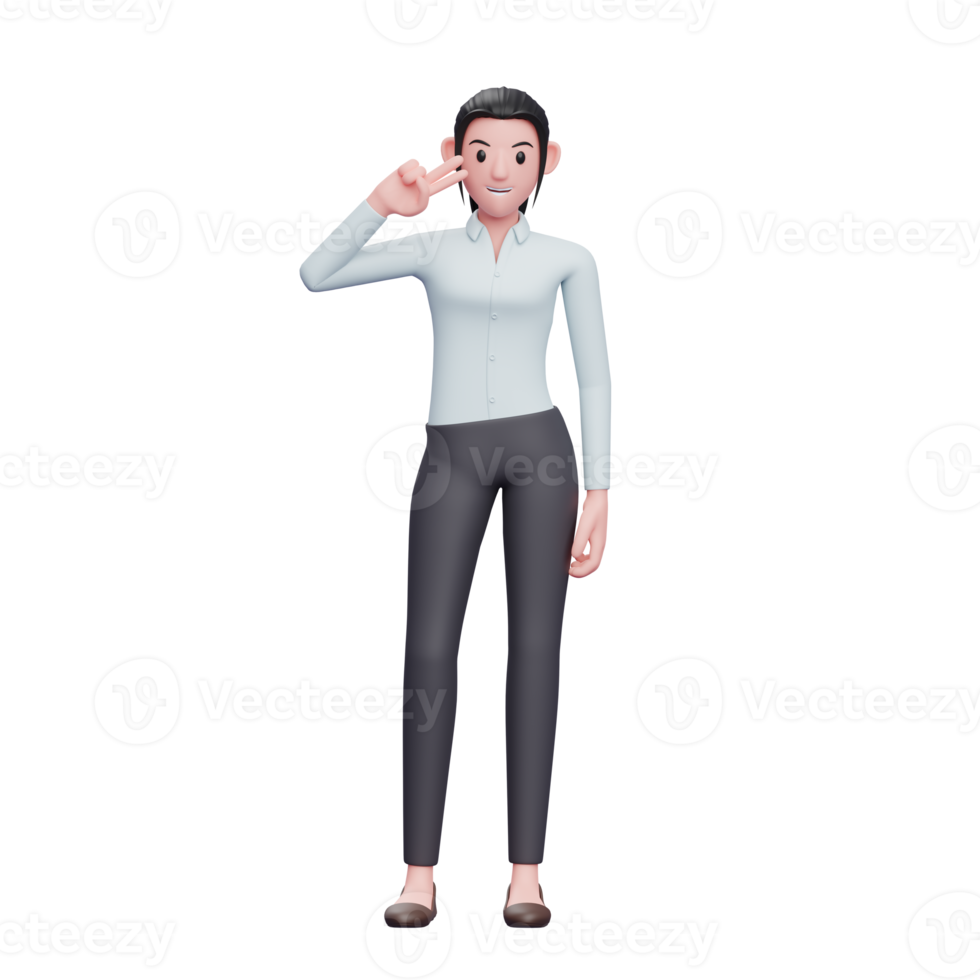 woman posing peace finger on cheek, 3D render business woman character illustration png