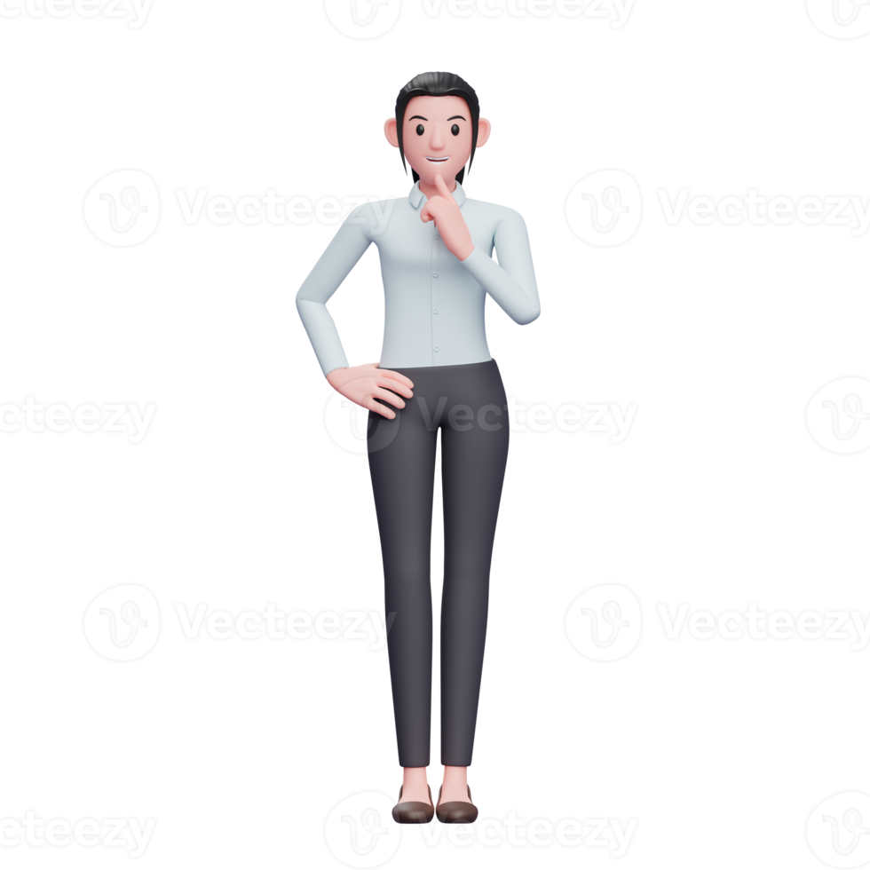 business woman standing with hand on waist and finger on chin, 3D render business woman character illustration png