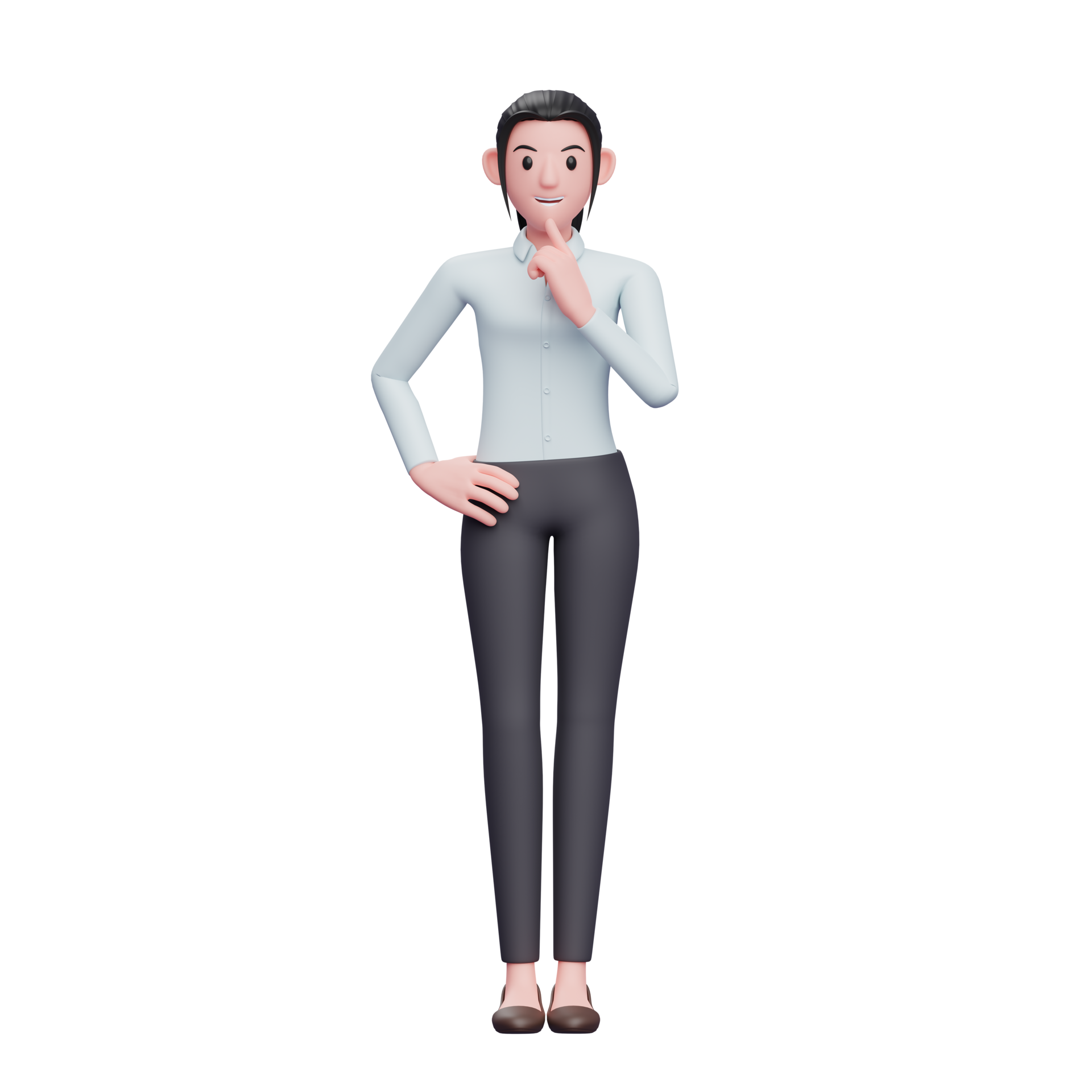 business woman standing with hand on waist and finger on chin, 3D