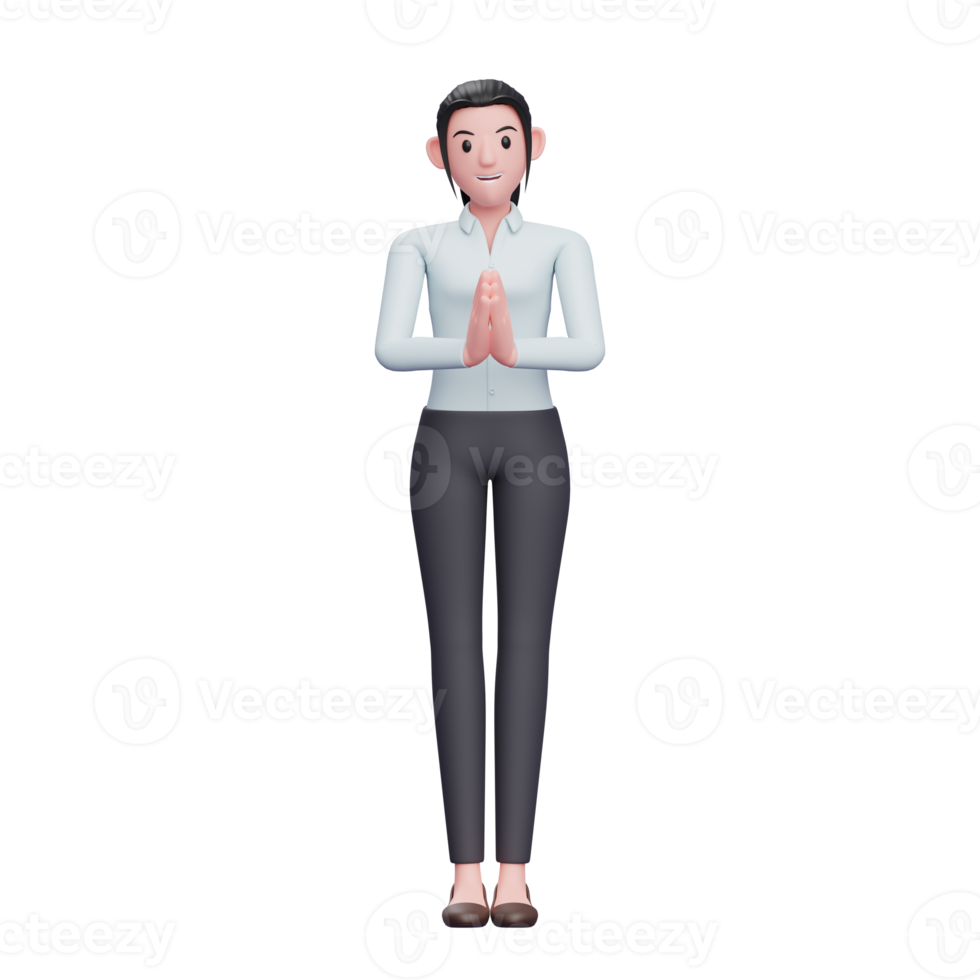 3d girl with namaste gesture, 3D render business woman character illustration png
