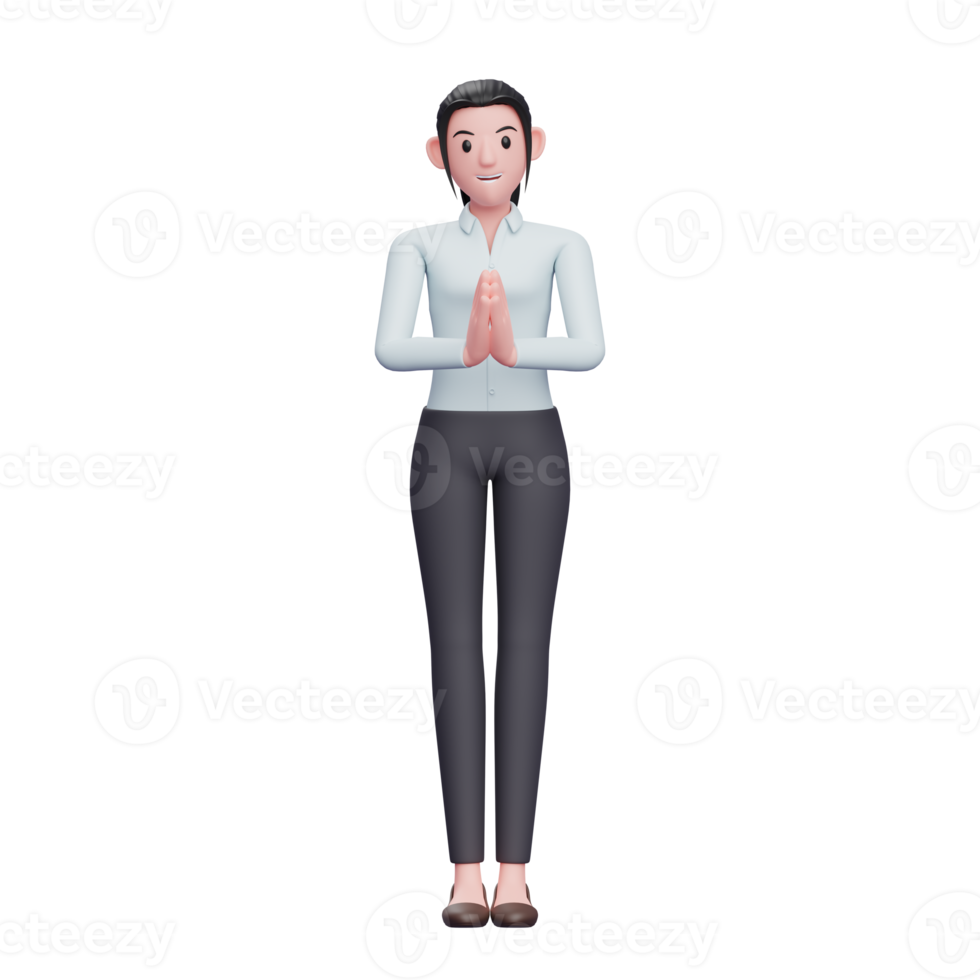 3D-Mädchen mit Namaste-Geste, 3D-Render-Business-Frau-Charakter-Illustration png