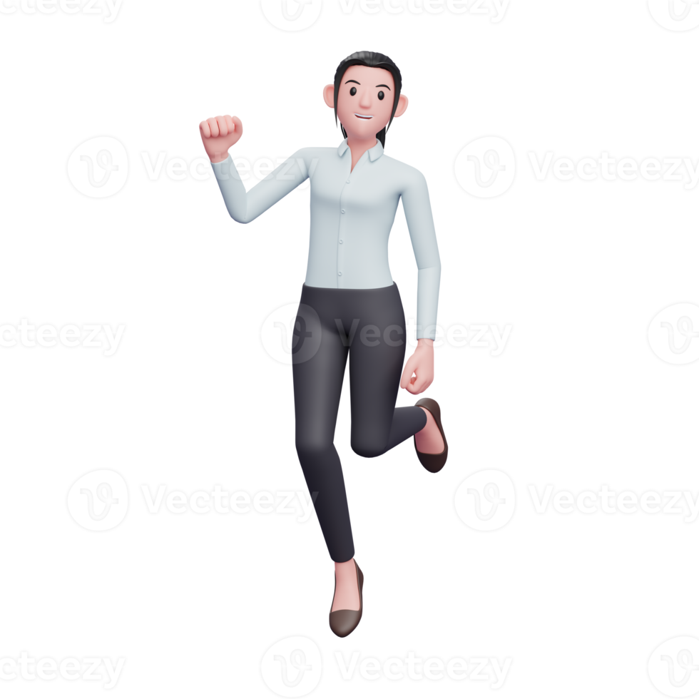 3d girl jumping in the air celebrating, 3D render business woman character illustration png