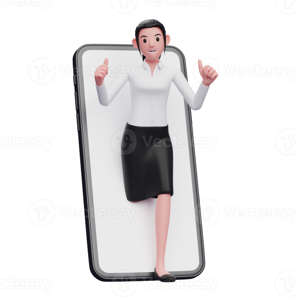 smart girl appears from inside the phone screen while giving a thumbs up, 3d illustration of business woman holding phone png