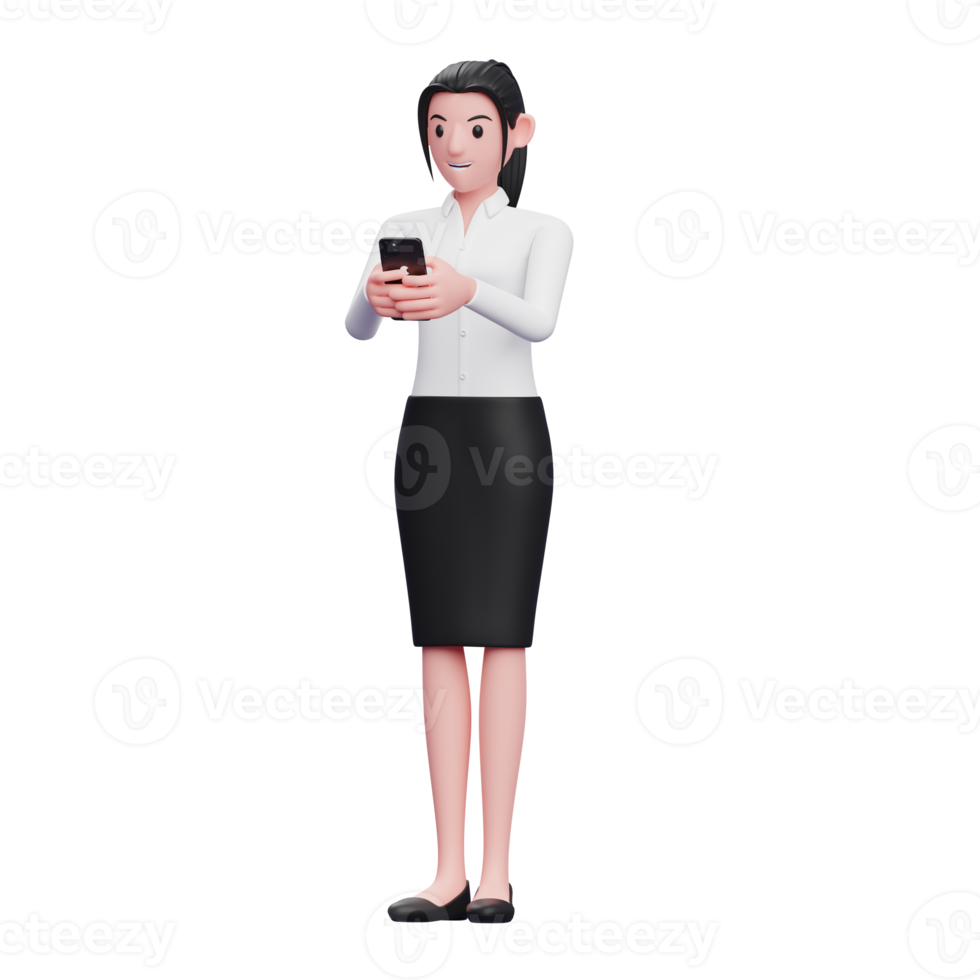 beautiful woman Typing Message on the mobile phone, 3d illustration of business woman holding phone png
