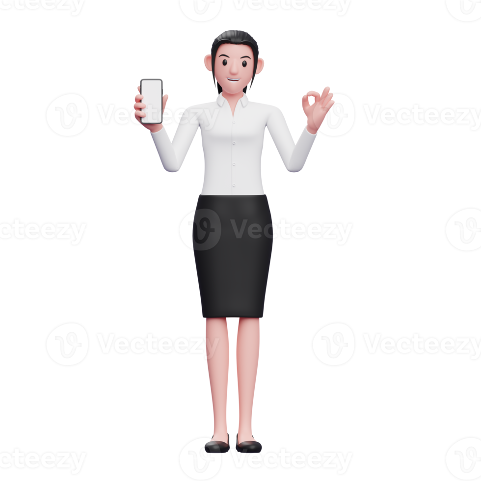 mujer de negocios con falda negra y camiseta blanca sosteniendo el teléfono y mostrando el dedo correcto, ilustración 3d de una mujer de negocios sosteniendo el teléfono png