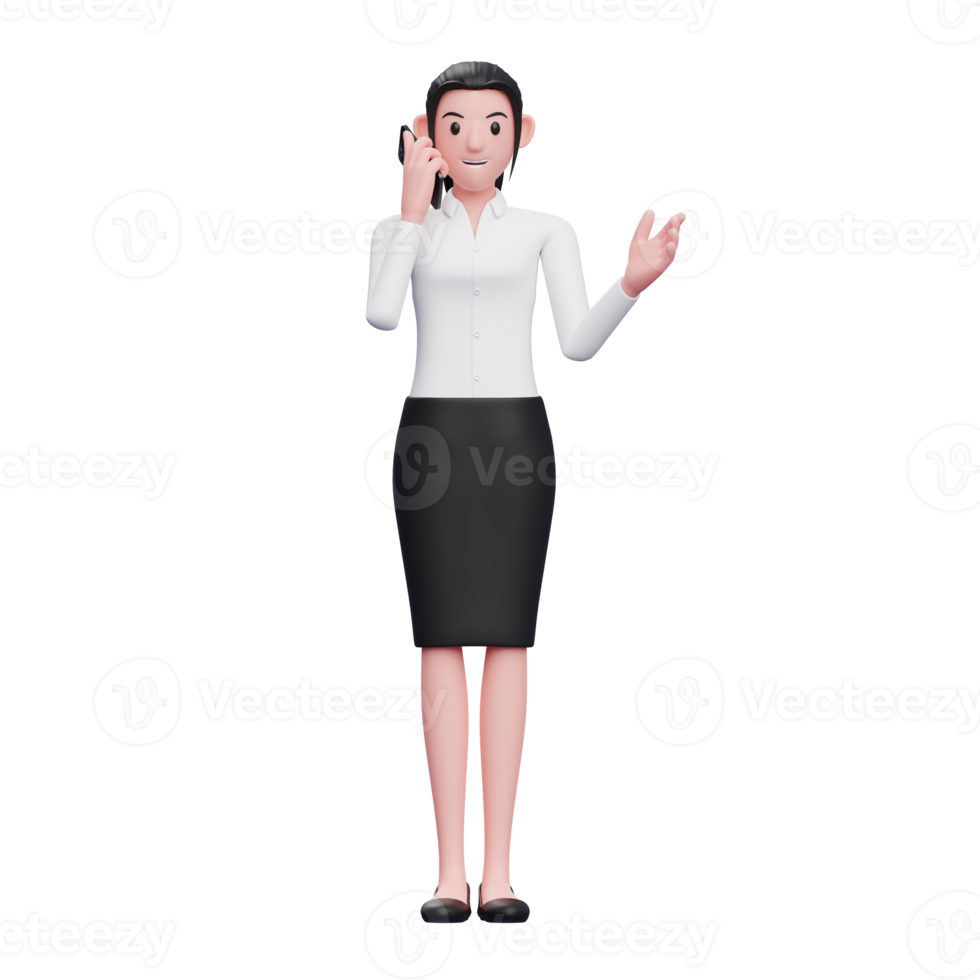 young Business woman talking on mobile phone, 3d illustration of business woman holding phone png