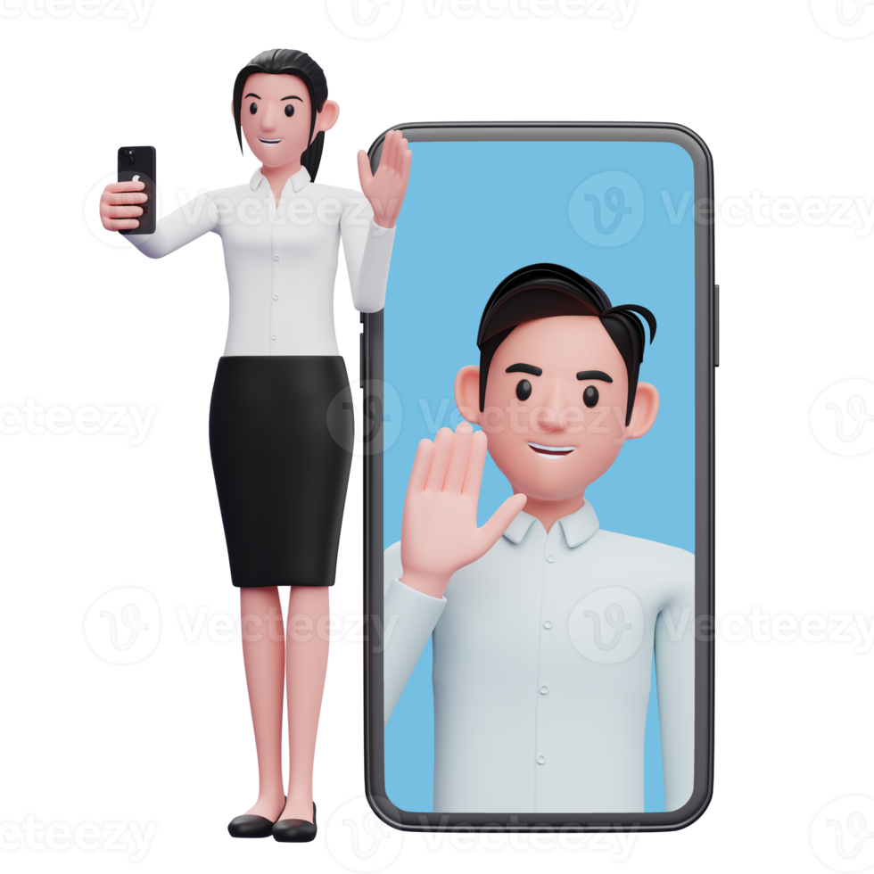 travailleurs féminins et masculins parlant sur des téléphones portables via un appel vidéo, illustration 3d d'une femme d'affaires tenant un téléphone png