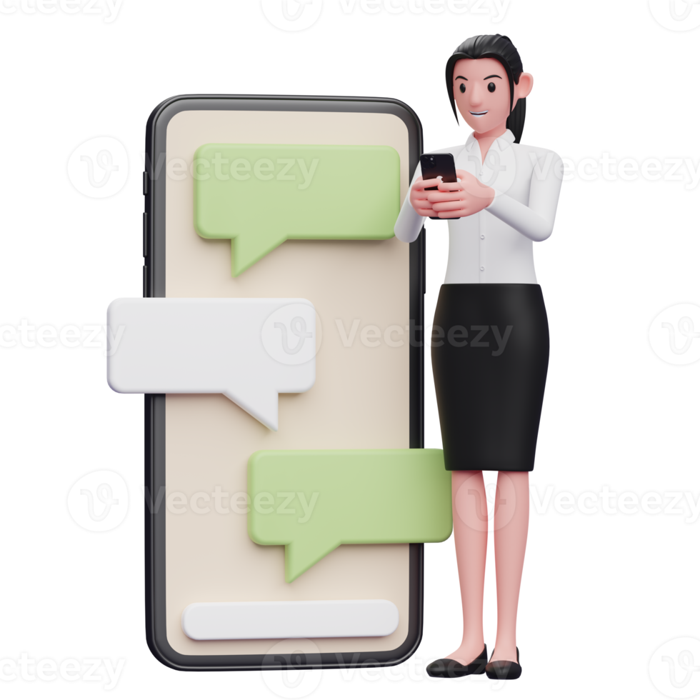 smart girl is typing on the phone beside a big phone with bubble chat ornament, 3d illustration of business woman holding phone png