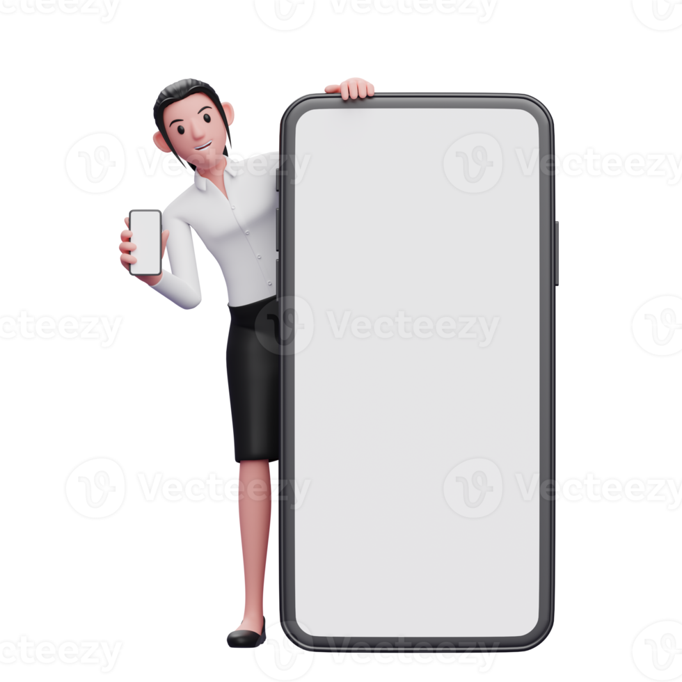 businesswoman appears from behind a big phone and holding a phone showing the screen, 3d illustration of business woman holding phone png