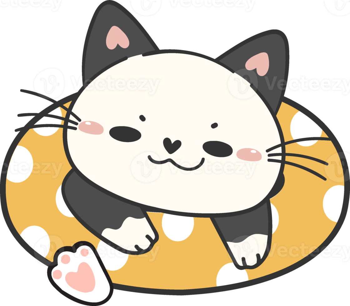 cute funny kitten cat in swimming ring summer time, cartoon doodle animal vector hand drawing png