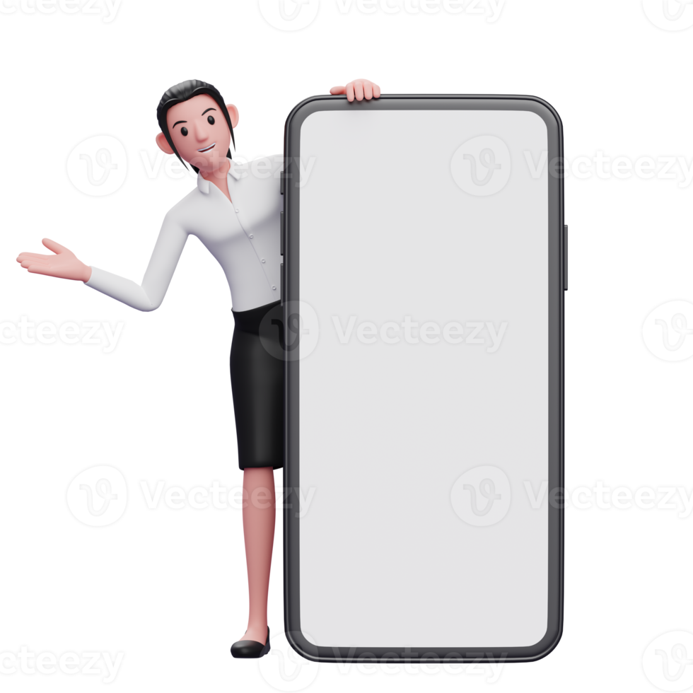 Kluges Mädchen erscheint hinter einer großen Telefondekoration, 3D-Illustration einer Geschäftsfrau mit Telefon png