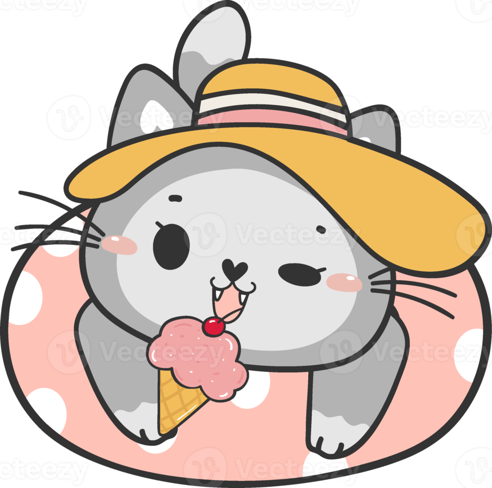simpatico gatto gattino divertente nell'ora legale dell'anello di nuoto, disegno a mano di vettore animale di doodle del fumetto png