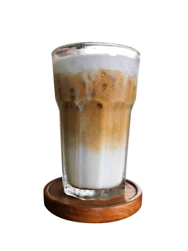 A glass of cold brew cappucino with milk fresh coffee which is served on the wooden table. png