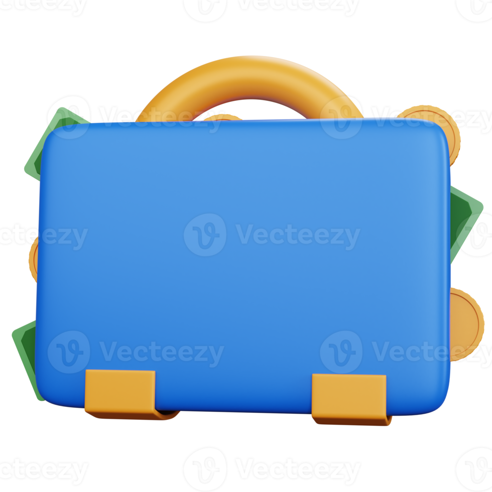 3d rendering blue suitcase with banknotes and coins isolated png