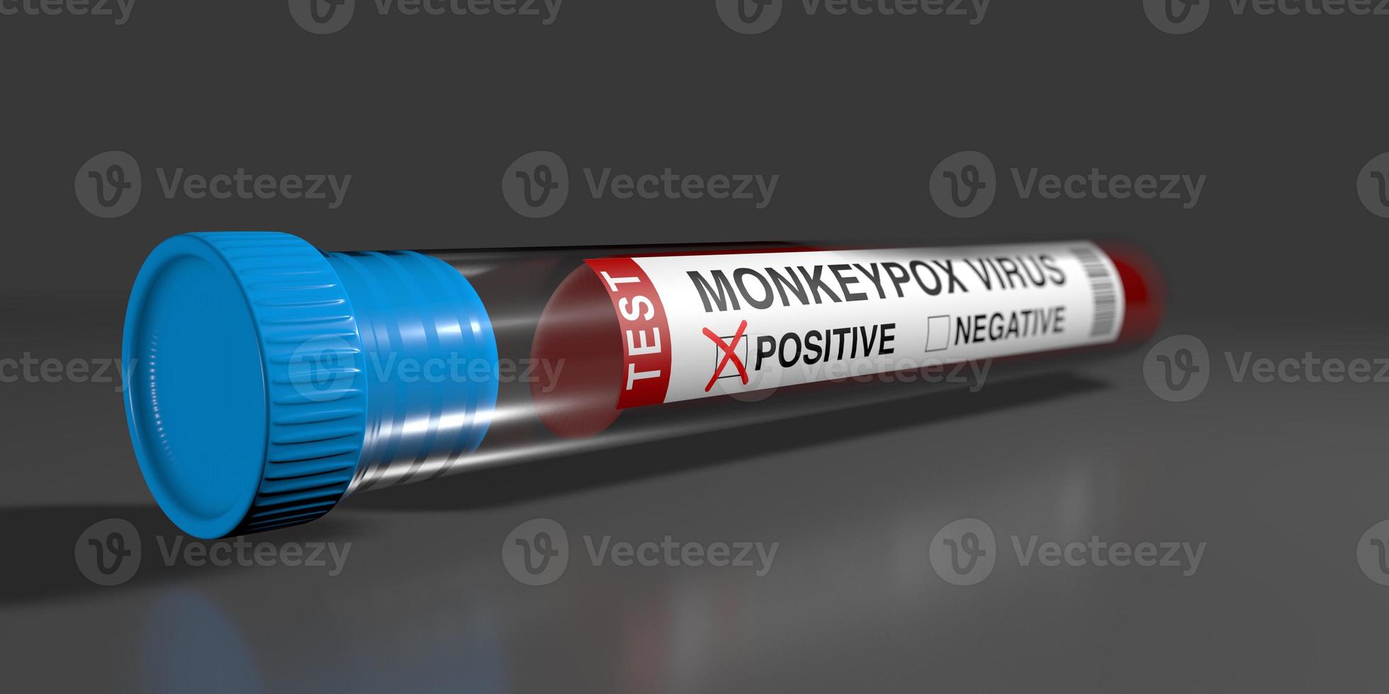 Test tube with blood sample positive for monkeypox on shiny gray surface against gray background. 3D Illustration photo
