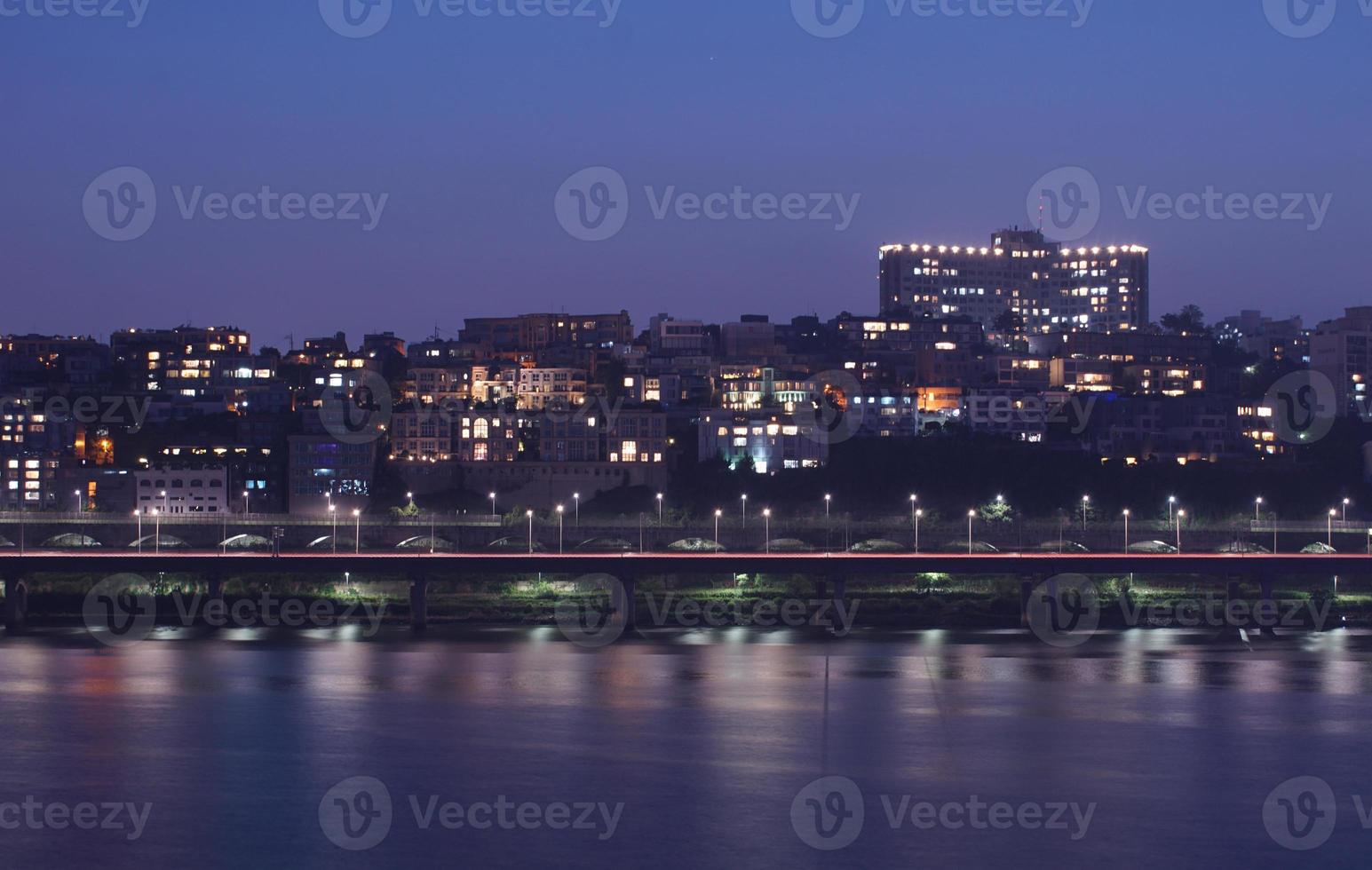 la vista nocturna de la gran ciudad desde el cielo es hermosa. foto