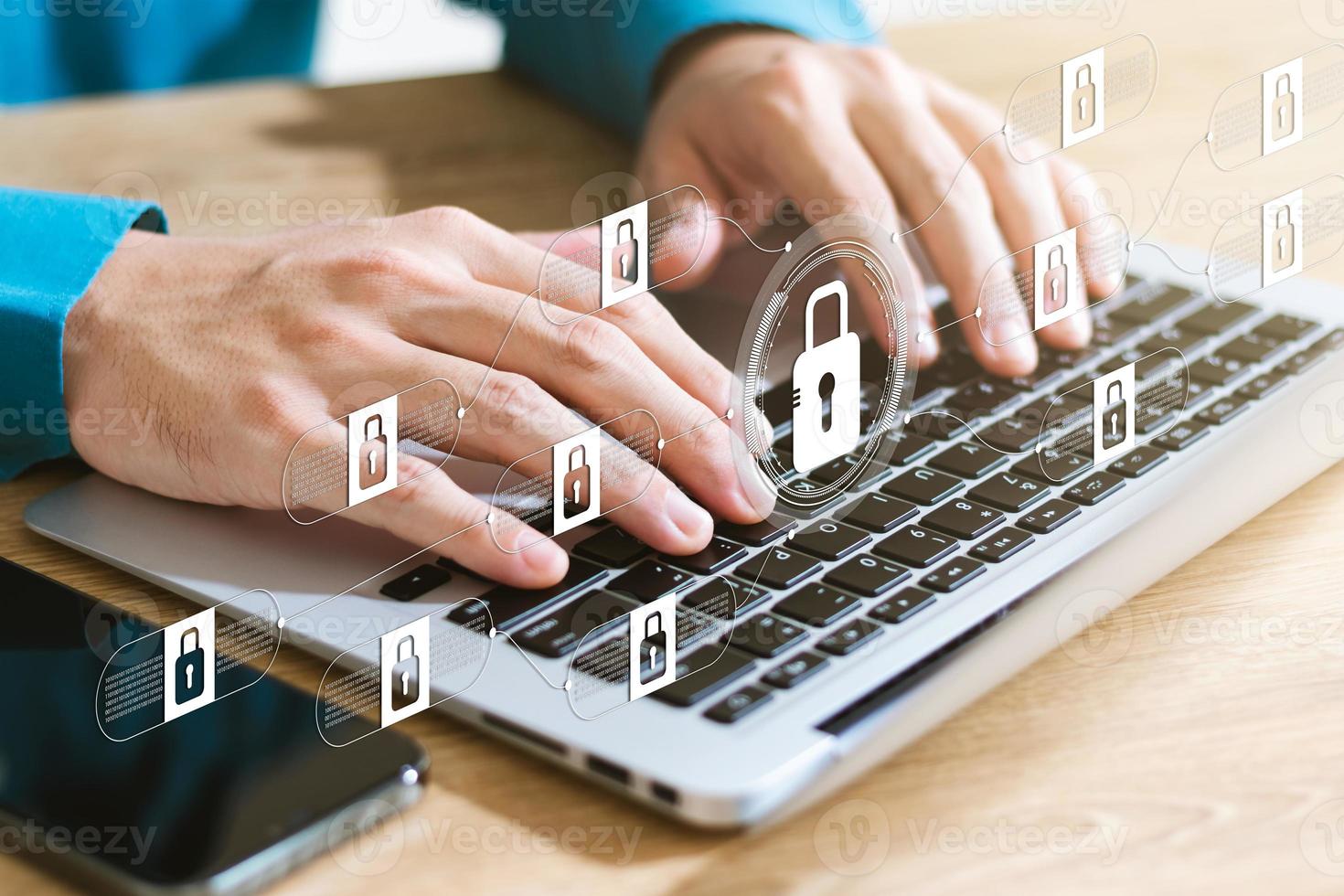 cybersecurity concept Global network security technology, business people protect personal information. Encryption with a padlock icon on the virtual interface. photo