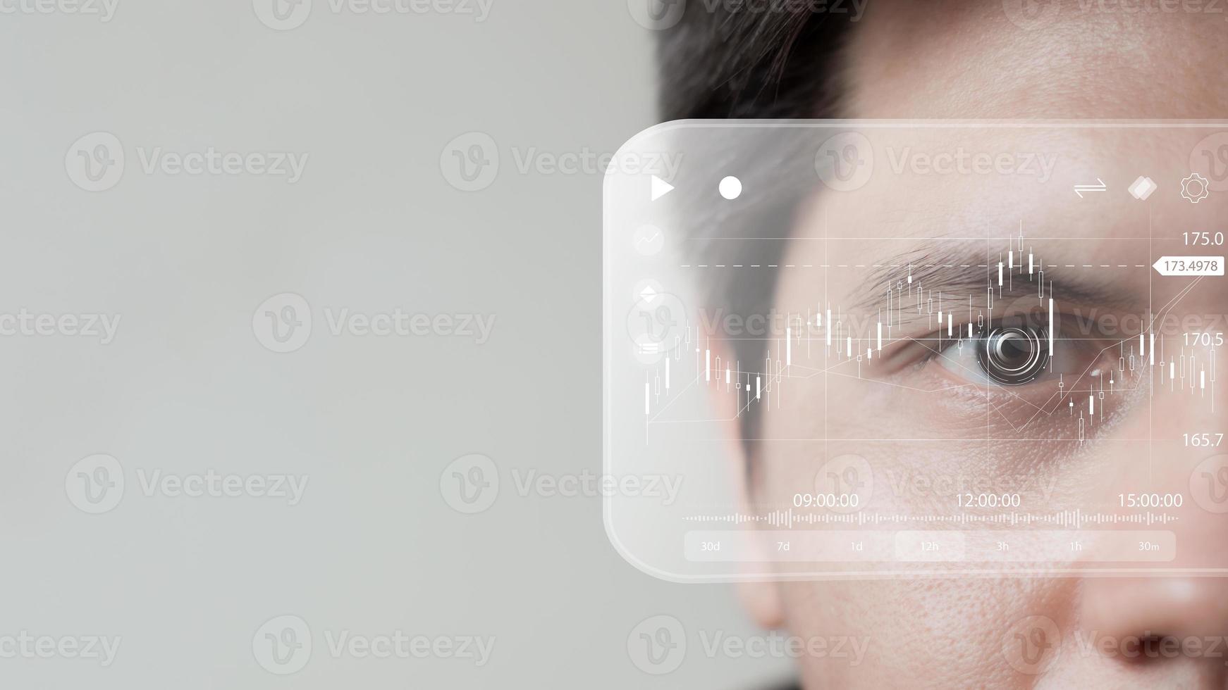 Businessman's biometrics with holograms and financial graphics, growth and investment chart analysis Business planning and strategies to maximize sales profits business plans, virtual technology. photo