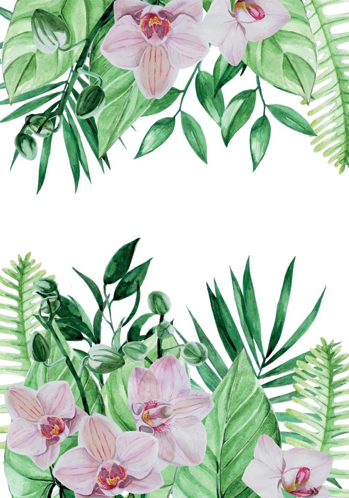 marco de acuarela, hojas tropicales y borde de flores. flores de orquídea rosa, hojas de palma sobre un fondo blanco. diseño para vacaciones en la playa, viajes, vacaciones. espacio para texto vector