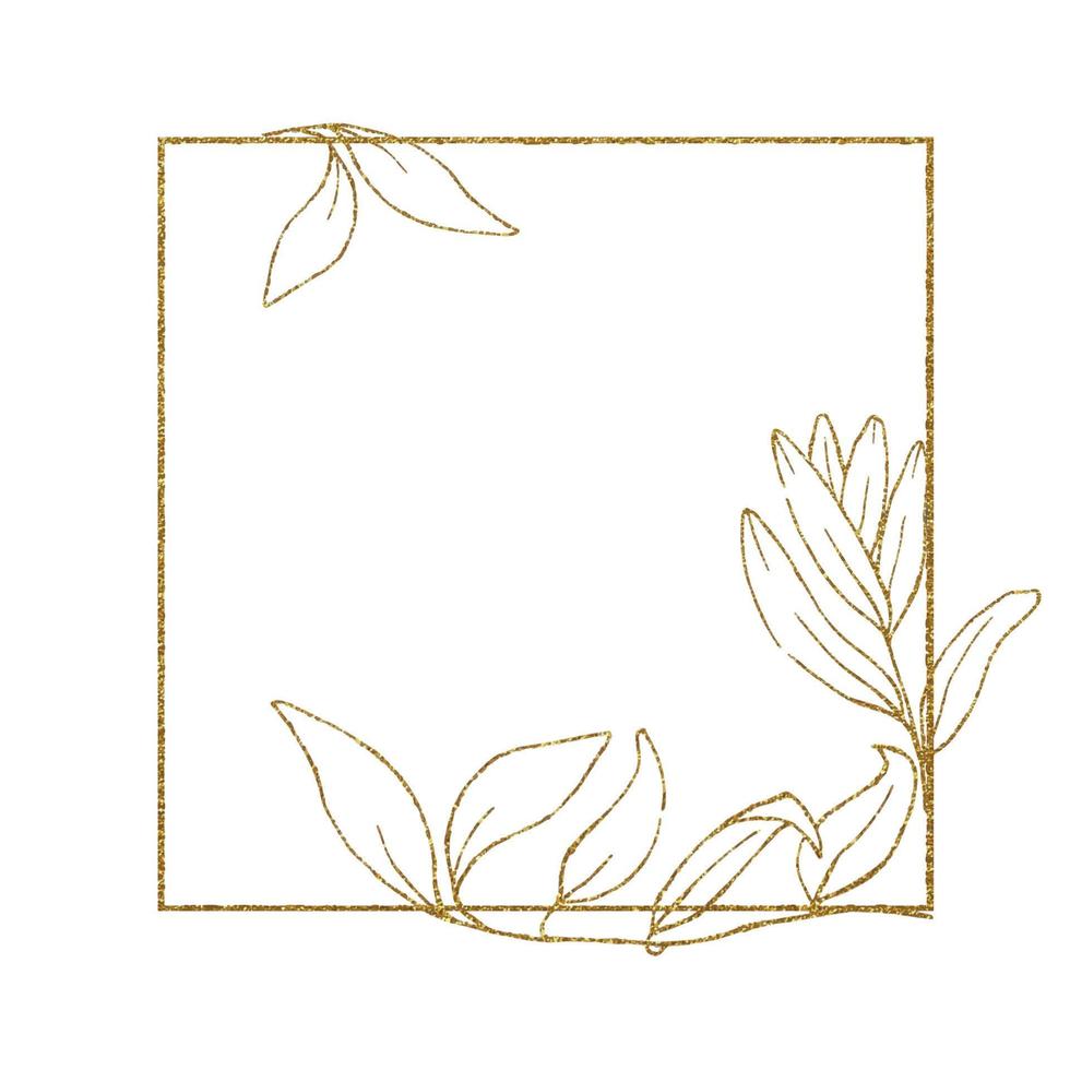 golden square, rectangular frame with eucalyptus leaves. border, shining frame. isolated on white background. vintage, luxury design for perfumery and cosmetics, weddings, cards, invitations vector