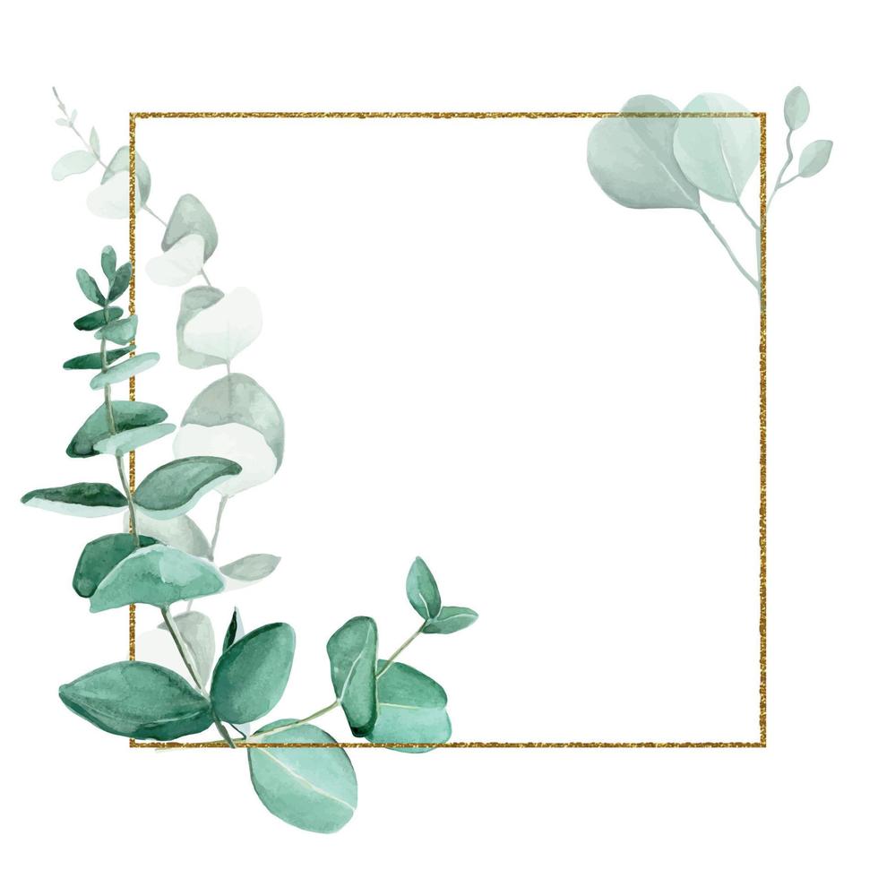 golden glitter frame with watercolor eucalyptus leaves isolated on white background. design for weddings, invitations, cards. vintage logo for perfumery, cosmetics vector