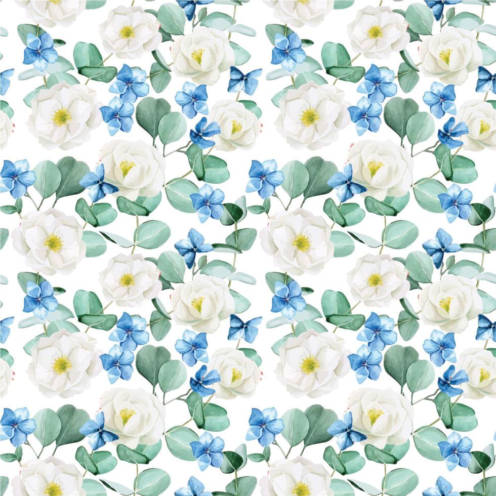 Seamless watercolor pattern. white flowers of wild rose, peony with blue hydrangea flowers and eucalyptus leaves on a white background. delicate, vintage pattern with flowers and eucalyptus leaves vector