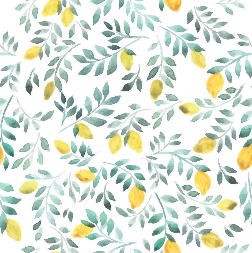 Seamless pattern watercolor drawing ornament yellow lemons with leaves. Stock illustration. Handmade watercolor pattern juicy lemons. Isolated over white background. Vintage vector