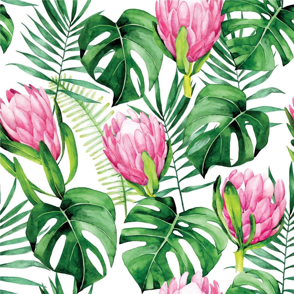 watercolor seamless pattern with tropical leaves and flowers on a white background. tropical plants, fern leaves, palms, green monstera and pink protea flowers. vector