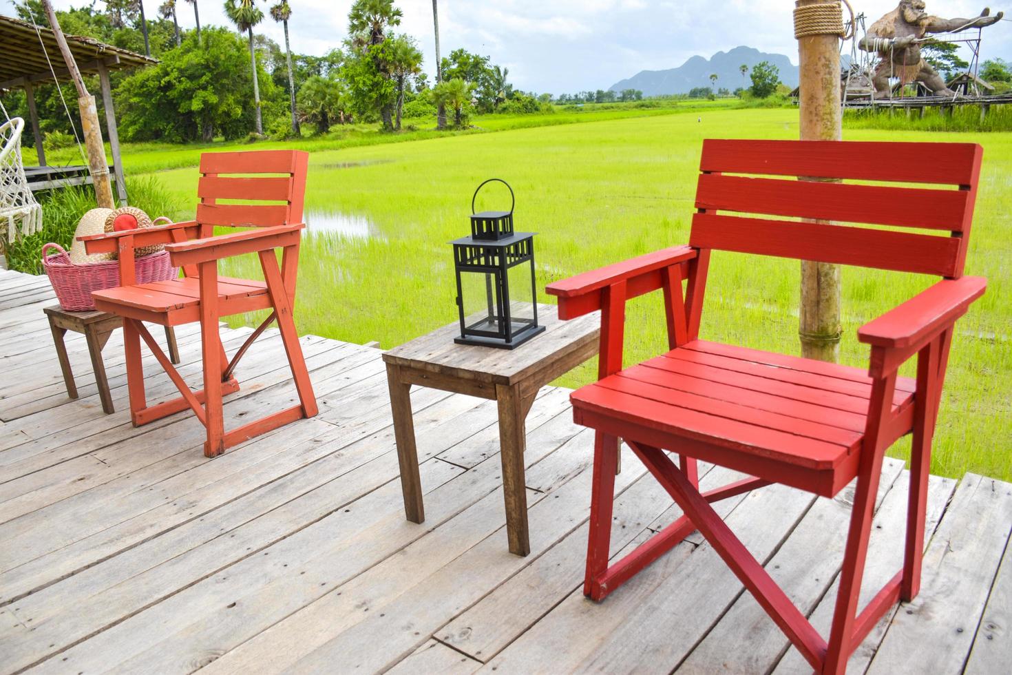 Photo corner for relaxing in a hammock in a resort in the middle of rice fields, a tourist attraction, Thai photography corner