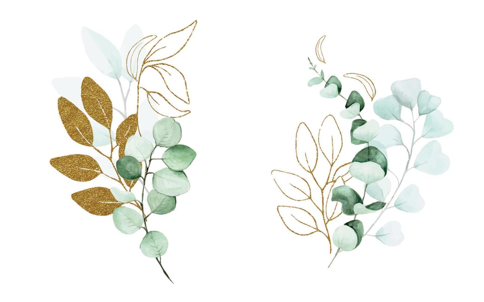 stock illustration set of eucalyptus leaves painted with watercolor and glitter shiny gold. Set for wedding graphic design, decoration greeting card, wrapper, textile. vector