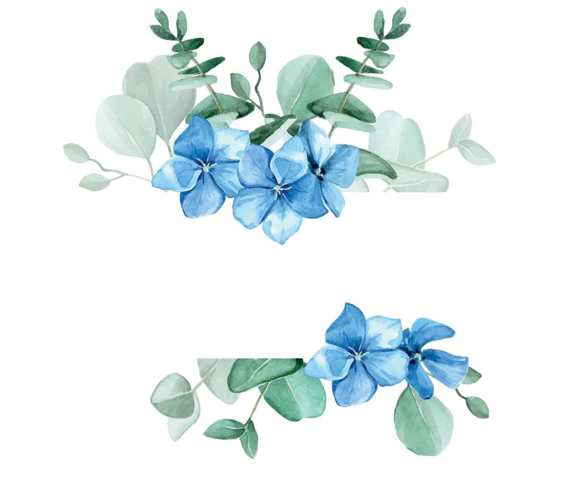 dibujo de acuarela. marco de hojas de eucalipto y flores de hortensia azul.  diseño para bodas, tarjetas, invitaciones, saludos. aislado sobre fondo  blanco con lugar para el texto 9667478 Vector en Vecteezy