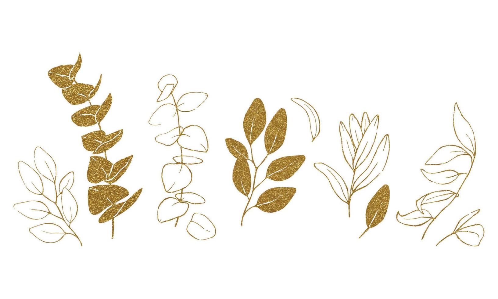 stock illustration contours of eucalyptus and olive leaves in gold glitter. set of golden leaves graphic design element. minimalistic graphic drawing isolated on white background vector