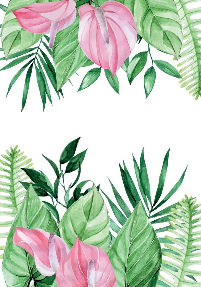 dibujo de acuarela, marco, hojas tropicales y borde de flores. flores de kala rosa, hojas de palma sobre un fondo blanco. lugar para el texto. diseño exótico para vacaciones, vacaciones, vacaciones de verano. vector