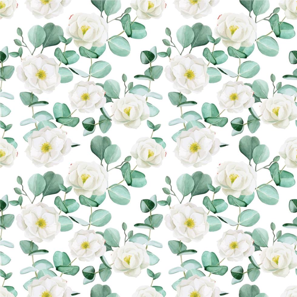 Seamless watercolor pattern. white peony flowers, rose hips and eucalyptus leaves on a white background. delicate pattern, background for weddings, invitations, cards. for fabric and wallpaper vector