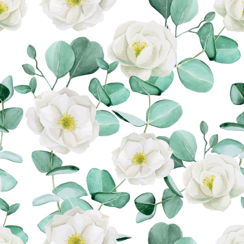 Seamless pattern with watercolor flowers. pattern with white flowers of wild rose and eucalyptus leaves on a white background. watercolor hand drawing, background for fabric, wallpaper, textile vector
