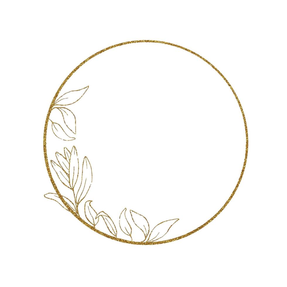 golden round frame with eucalyptus leaves. shiny delicate vignette, frame. minimalistic drawing isolated on white background. design for wedding, invitation, greeting card, cosmetics and perfumery vector