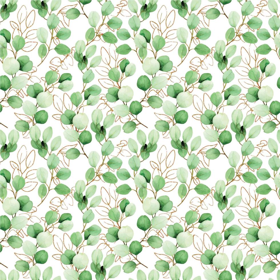seamless watercolor pattern with eucalyptus leaves and golden elements. vintage luxury print with golden leaves and green watercolor leaves isolated on white background. design for wallpaper, fabric vector