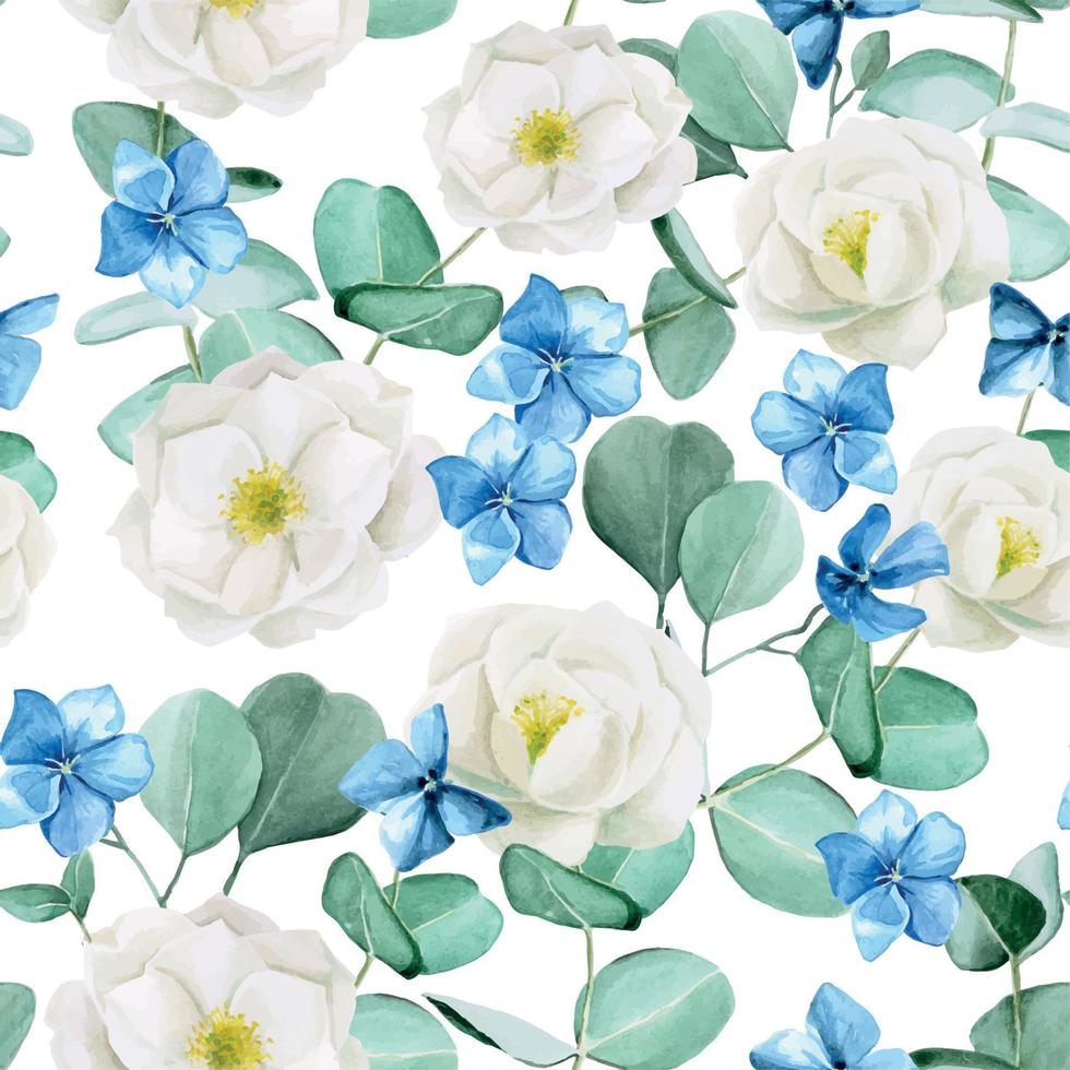 Seamless pattern with watercolor white rosehip flowers. blue hydrangea flowers and eucalyptus leaves. vintage pattern with flowers and leaves on a white background vector