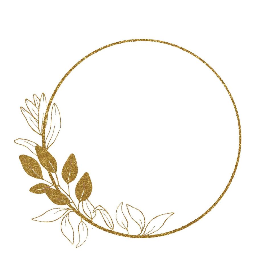 shiny, golden round frame, vignette with golden eucalyptus leaves. clipart isolated on white background. design for wedding, congratulations, logo of perfumery, cosmetics. vintage luxury frame vector