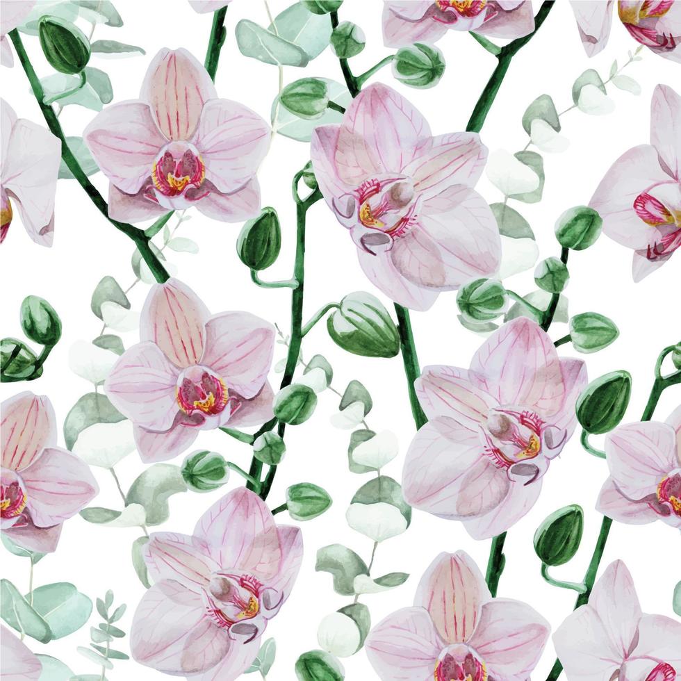 Seamless pattern with watercolor flowers. pink orchid flowers on a white background. delicate pattern with tropical flowers, realistic orchids. design for wedding, textile, wallpaper, fabric vector