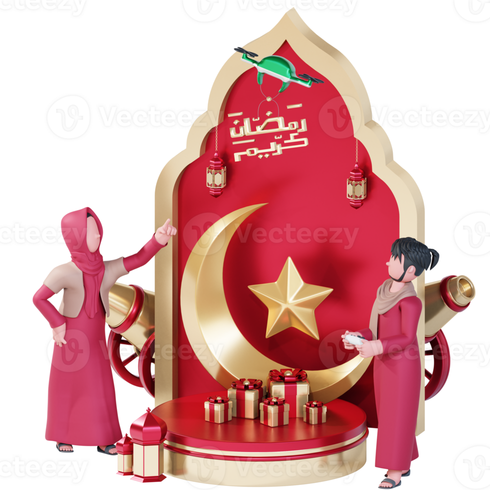 Ramadan kareem banner template with 3d muslim couple character doing celebration png