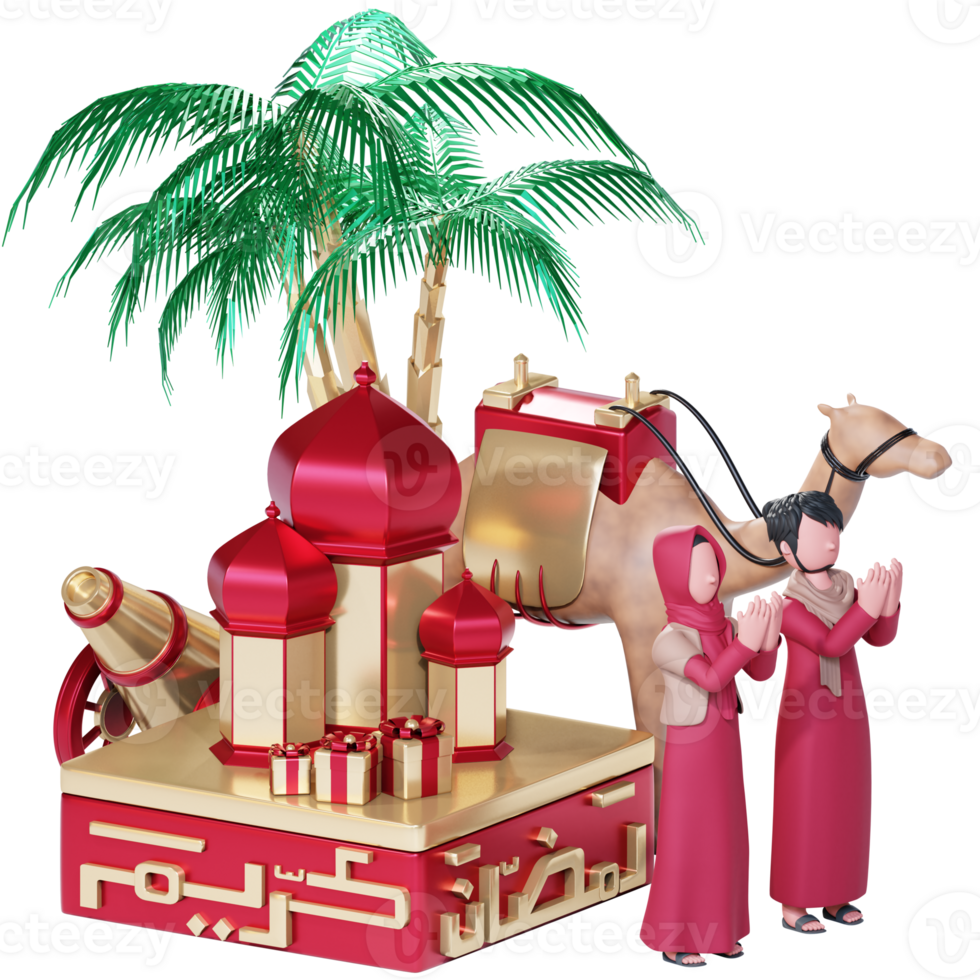 modelo de banner ramadan kareem com personagem de casal muçulmano 3d orando juntos png