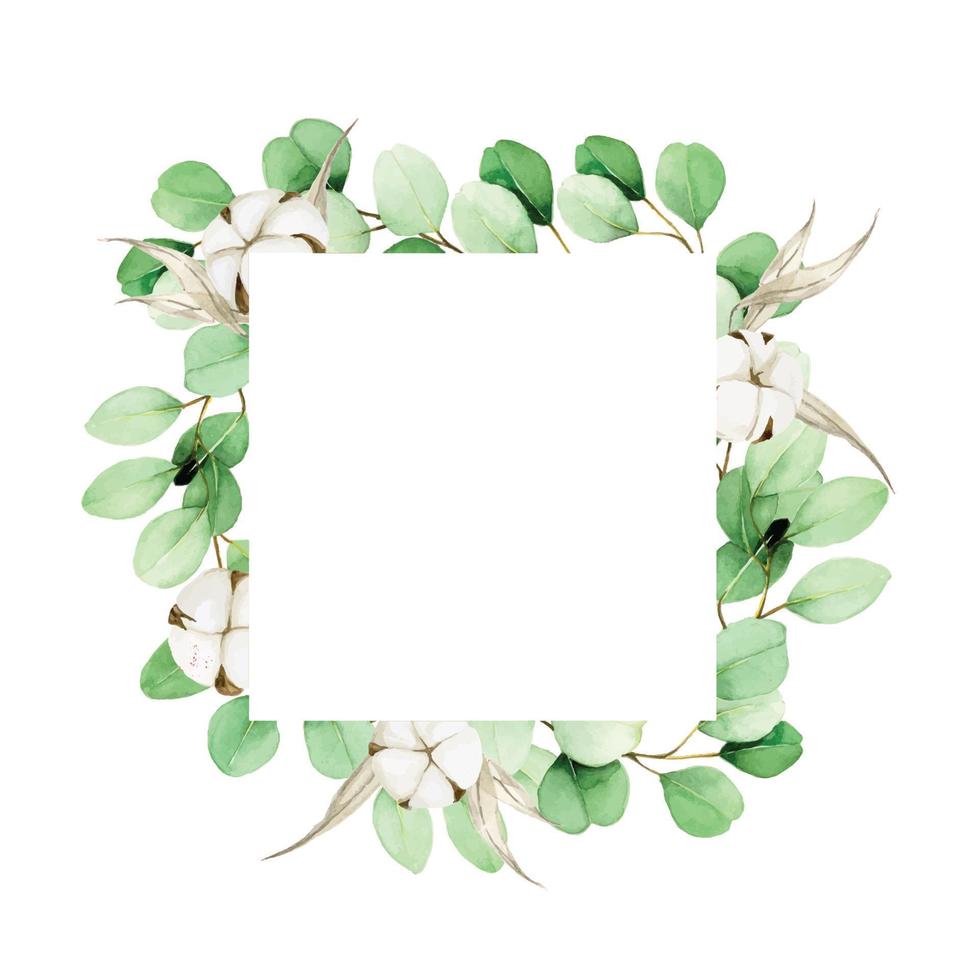 watercolor square frame with eucalyptus leaves and cotton flowers. clipart of a rectangular frame with cotton bolls and eucalyptus leaves. boho design for weddings, postcards, congratulations. vector