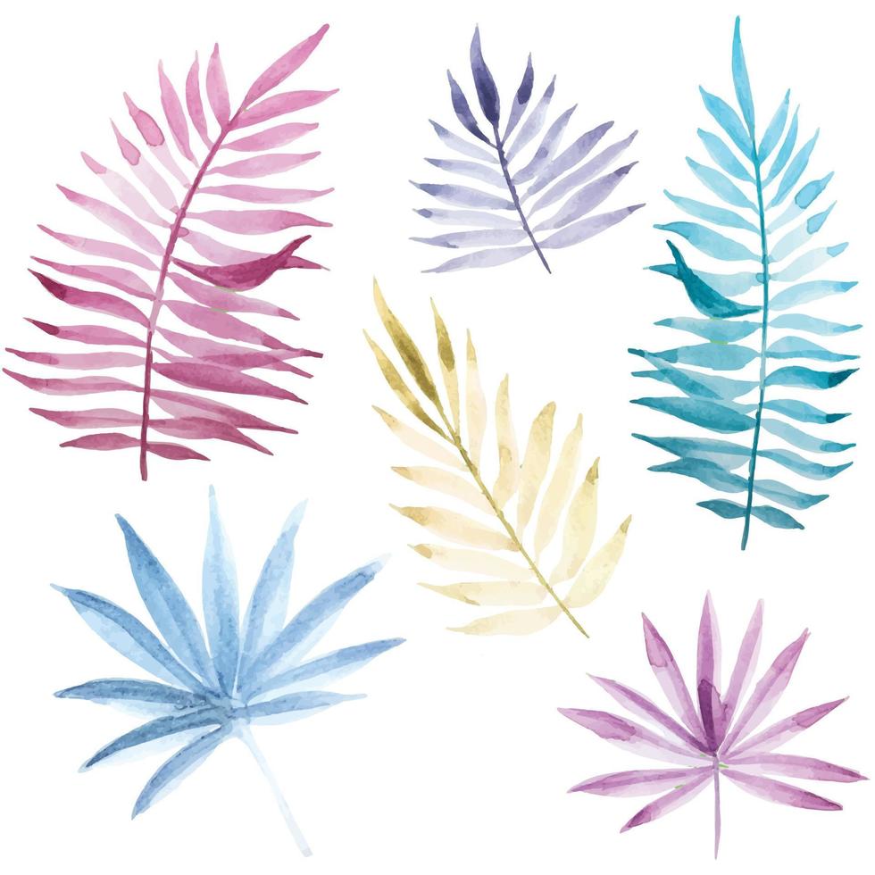 ilustración de stock conjunto de dibujo de acuarela de hojas tropicales. hojas de colores brillantes de plantas de rosa, azul, púrpura, amarillo. aislado sobre fondo blanco vector