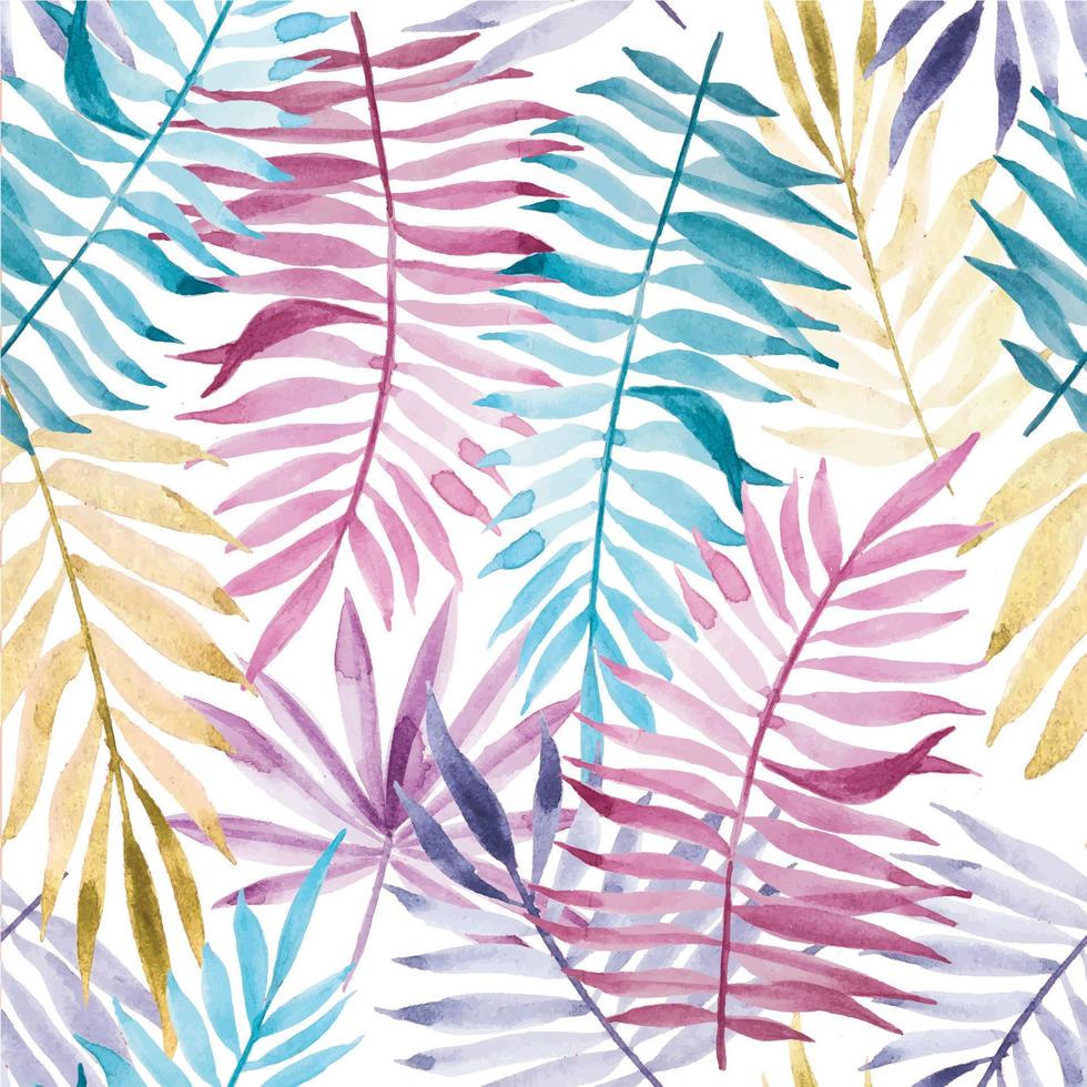 patrón transparente con coloridas hojas tropicales. hojas coloreadas de una palmera de colores rosa, azul y amarillo aisladas en un fondo blanco. estampado de verano para tela, textil, papel pintado. vector