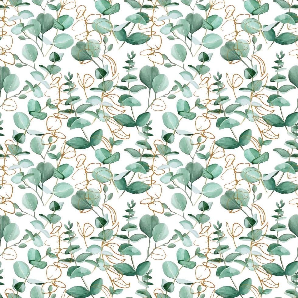 Seamless watercolor pattern with eucalyptus leaves and golden shining elements on a white background. Background for wedding, invitation, wallpaper, textile, wrapping paper. vector